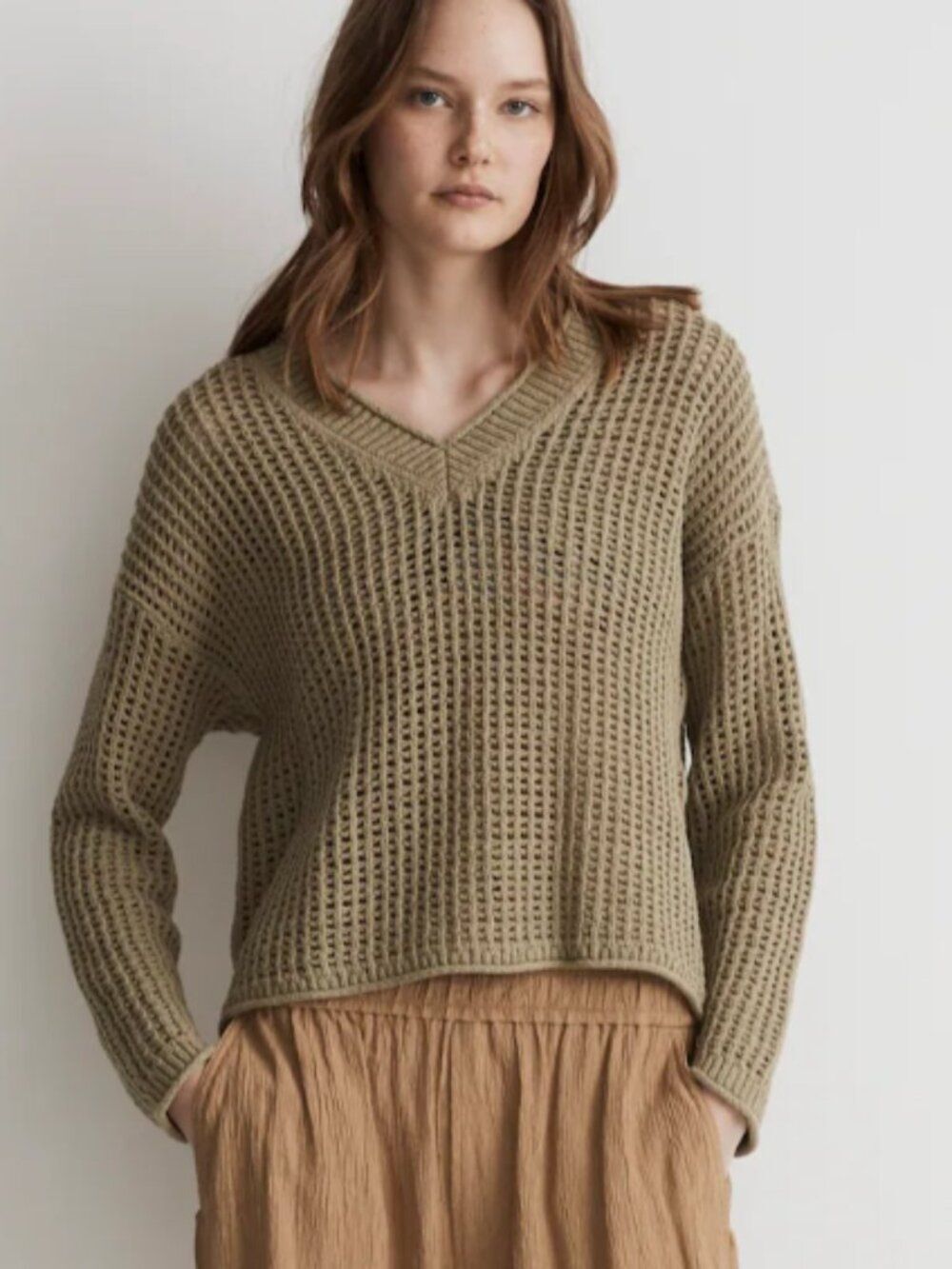 Madewell Olive Open-Stitch V-Neck Pullover Cotton Sweater Sz M Coastal Lagenlook